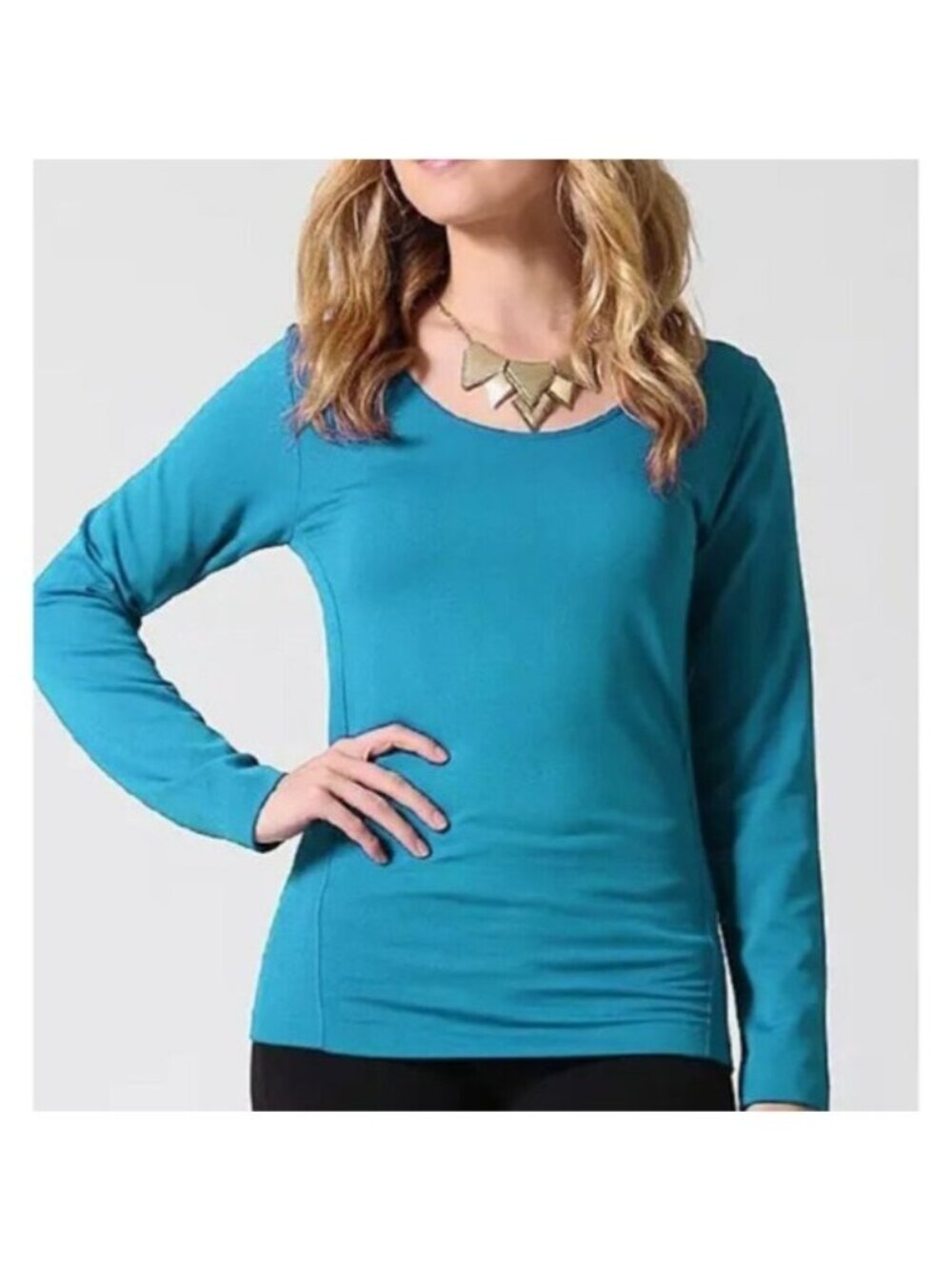 Womens Teal Long Sleeve Top Round Neck Casual Stretchy XS-M